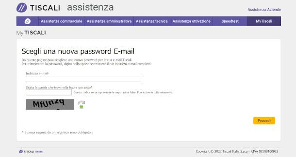 selezione modalità recupero password Tiscali