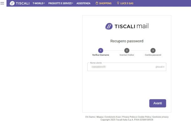 aggiornamento password Tiscali Mail da sito