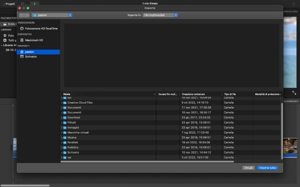 iMovie: finestra di importazione