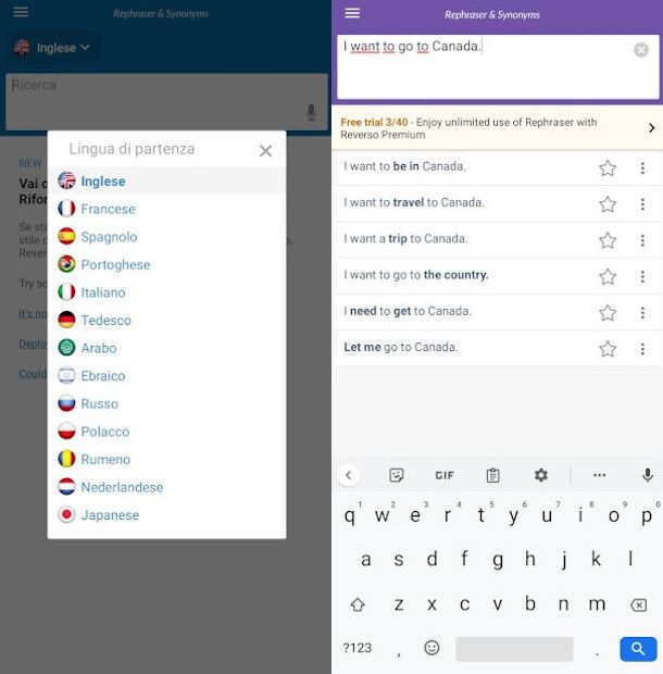 schermate app Reverso Rephraser e Sinonimi 
