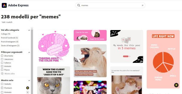 selezione contenuti per meme da sito Adobe Express