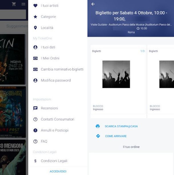 accesso app TicketOne e visualizzazione ordine