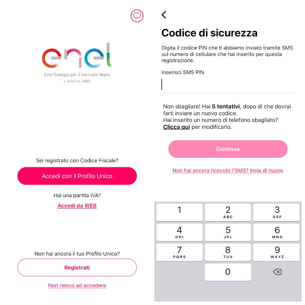 App Enel Energia: schermata di accesso