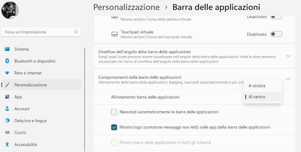 funzione per spostare barra applicazioni Windows 11