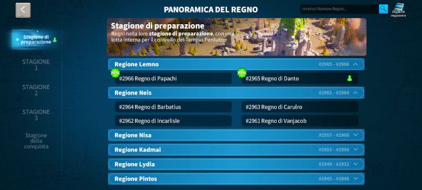 elenco regni per migrazione su Rise of Kingdoms