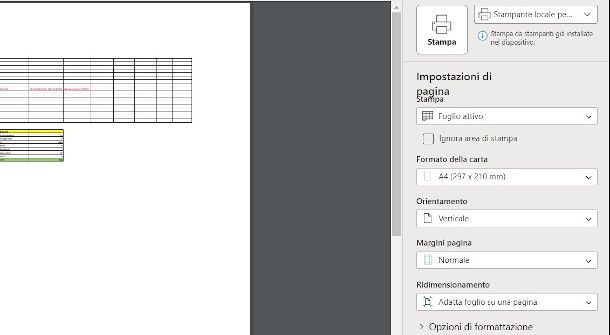 impostazioni stampa su una sola pagina Excel online