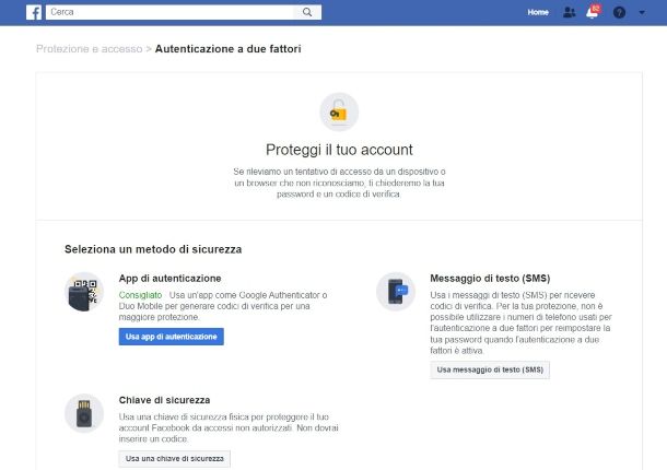Facebook autenticazione a due fattori