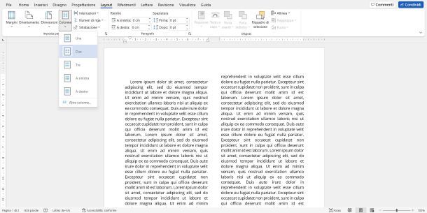 Allineare testo su due colonne Word