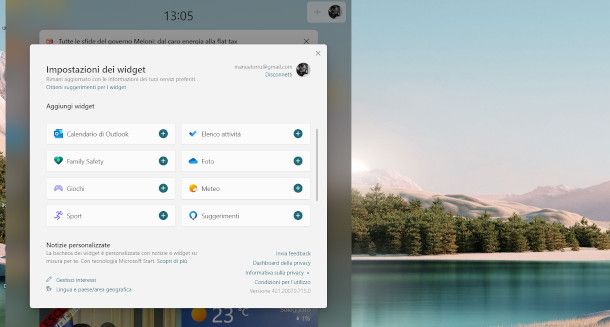 aggiunta widget su Windows 11