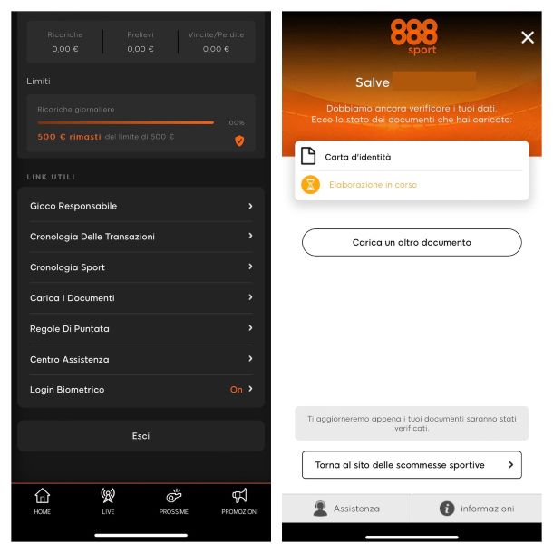 888sport app, carica documento
