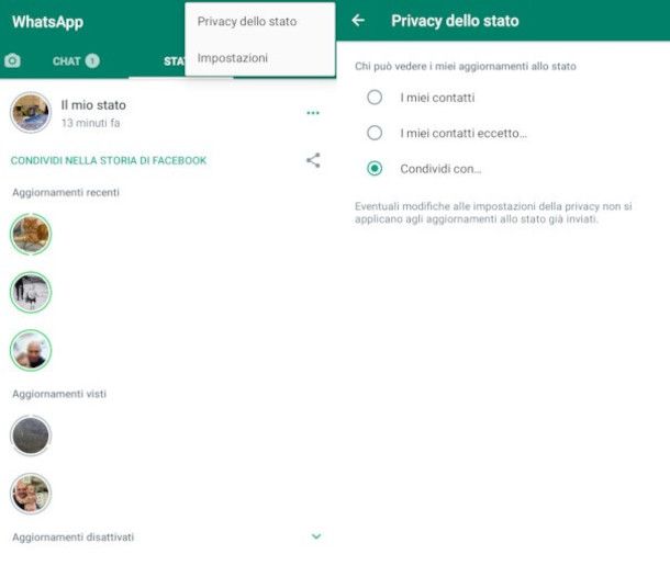 riattivazione della visibilità del proprio stato su WhatsApp Android