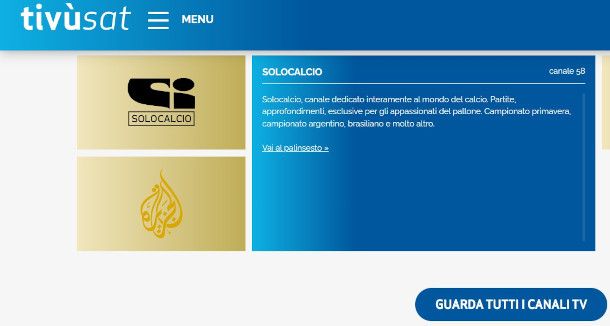scheda informativa canale Solocalcio su sito Tivusat