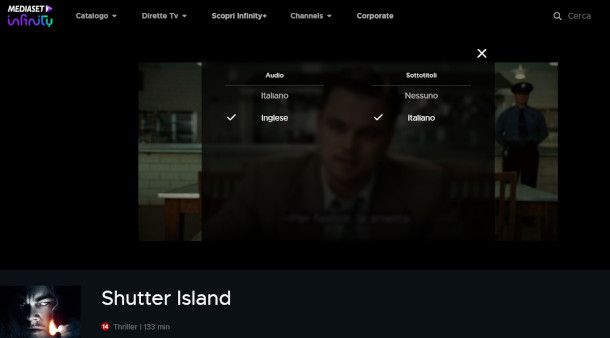 selezione lingua inglese film in riproduzione su Mediaset Infinity da sito