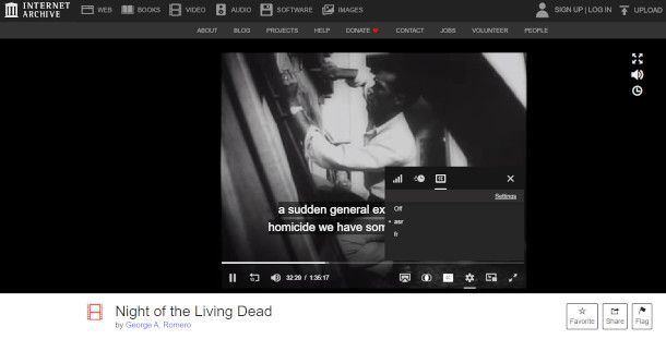 impostazione sottotitoli film in riproduzione su sito Archive.org