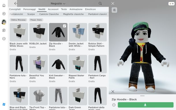 Roblox Desktop, catalogo vestiti