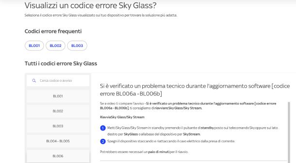 Pagina di supporto Sky Glass