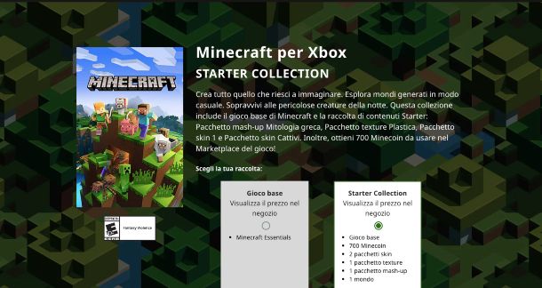 Minecraft pagina Xbox