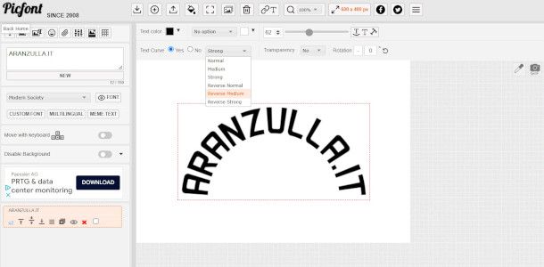 curvatura di una scritta su Web app PicFont