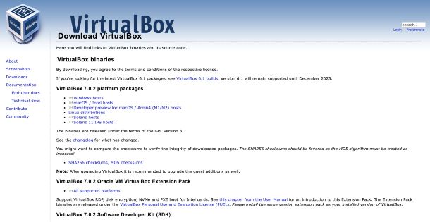 VirtualBox pagina di Download
