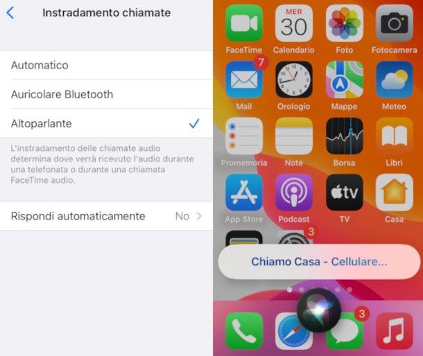 attivazione vivavoce automatico e utilizzo comandi vocali Siri per ricomporre un numero