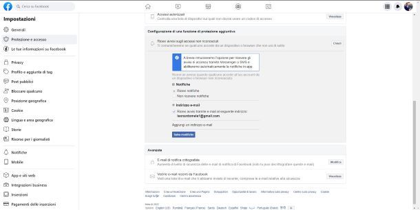 Notifiche di accesso Facebook