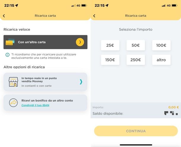 Ricarica veloce app Mooney e importi