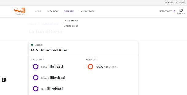 Pagina La tua linea su sito WINDTRE