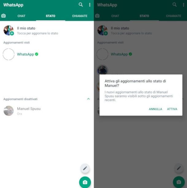 riattivazione aggiornamenti di stato di un altro utente su WhatsApp Android