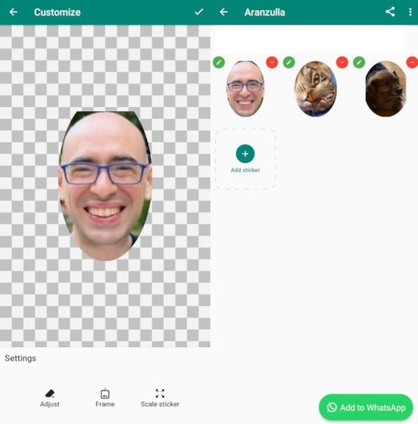 Modifica impostazioni immagine su app Sticker Studio e caricamento sticker in WhatsApp