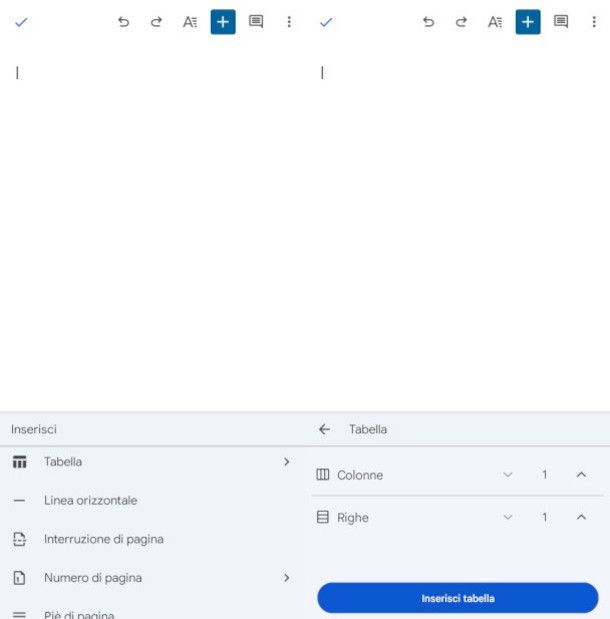 aggiunta di una tabella al foglio su app Google Documenti
