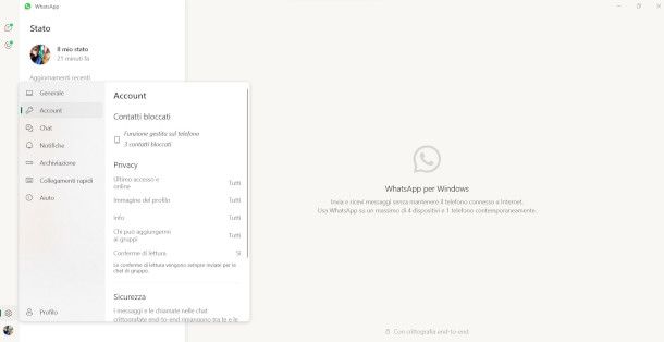 schermata impostazioni privacy client WhatsApp Windows