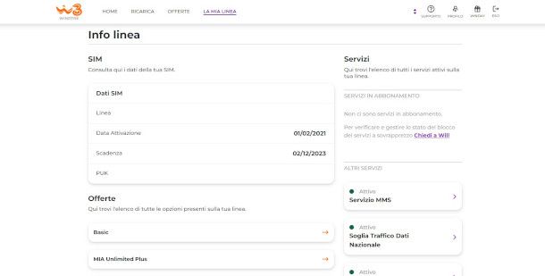 Dettagli offerta e servizi attivi da sito WINDTRE