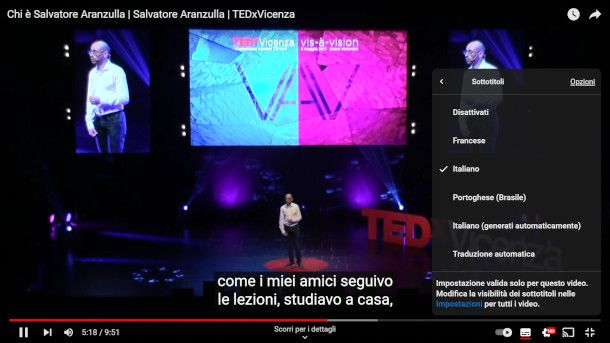 attivazione sottotitoli YouTube da sito