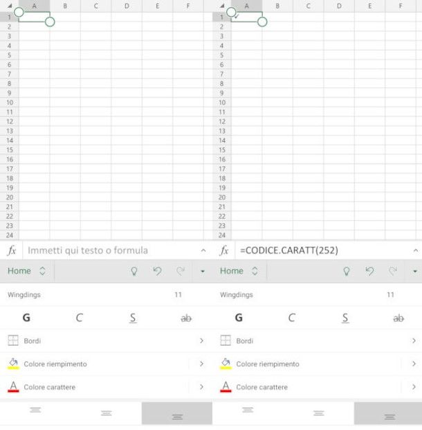 inserire segno di sounta in una cella Excel da app