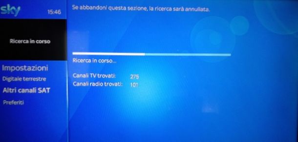 Sky Q, ricerca canali SAT