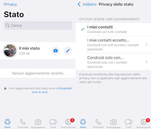 riattivazione visibilità del proprio stato su WhatsApp iPhone