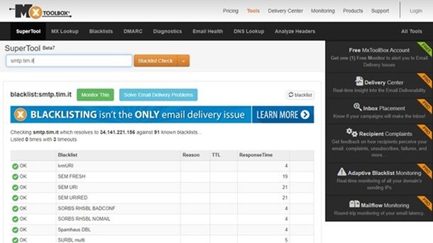 MXToolBox verifica blacklist SMTP