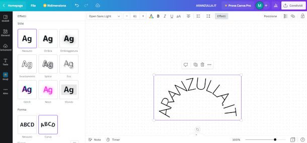 curvatura di una scritta su Web app Canva
