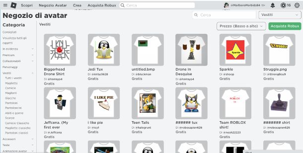 Roblox, catalogo vestiti da browser