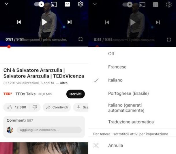 inserimento sottotitoli app YouTube iPhone