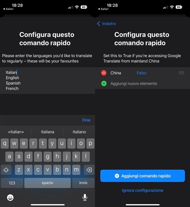 Comandi rapidi iOS Google Translate