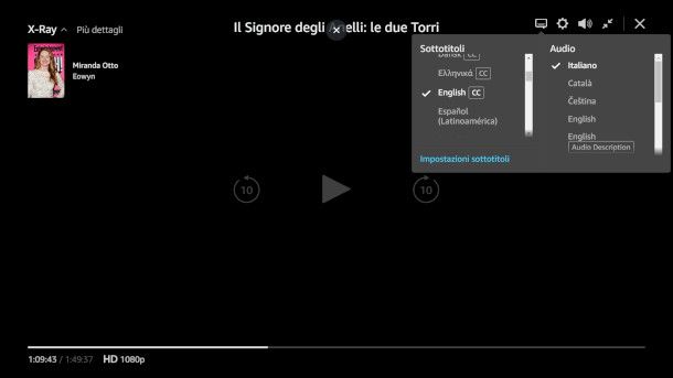 selezione lingua audio film in riproduzione su Amazon Prime Video da sito