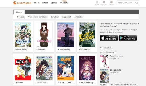 sezione manga su sito Crunchyroll