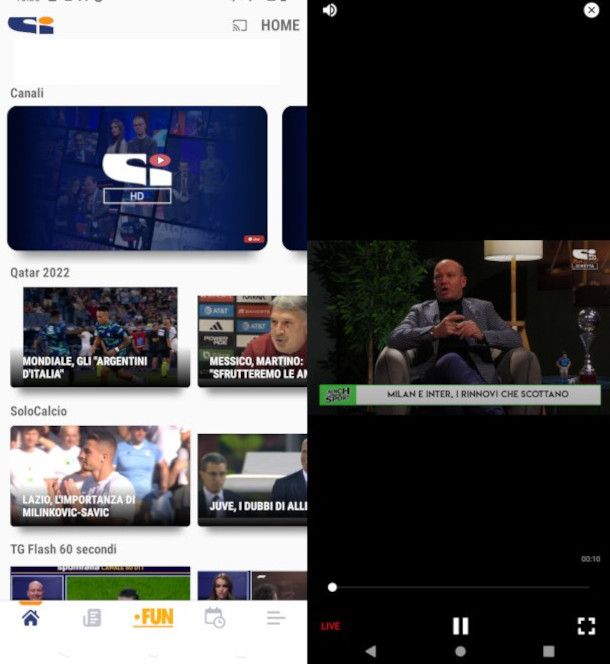 schermate app e player Sportitalia su smartphone Android