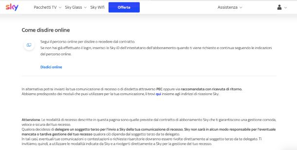 Sky Wifi pagina di disdetta