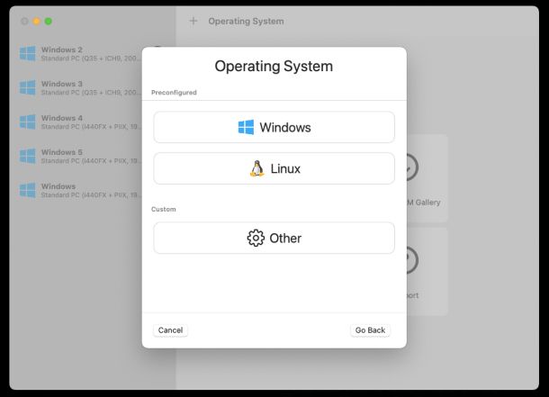 UTM, configurazione VM