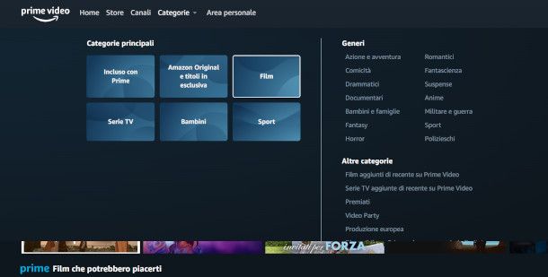 selezione categoria film su Prime Video da sito