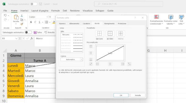 applicazione barra diagonale su una cella Excel da PC