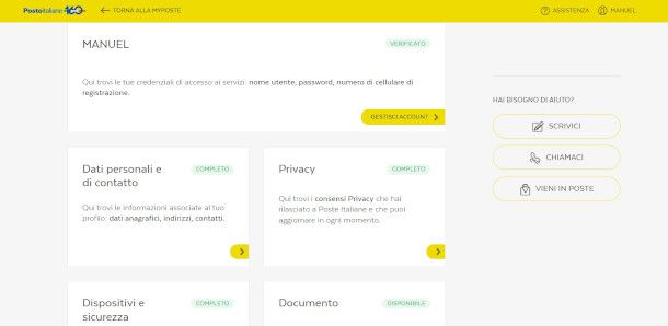 pagina del profilo su sito Poste Italiane