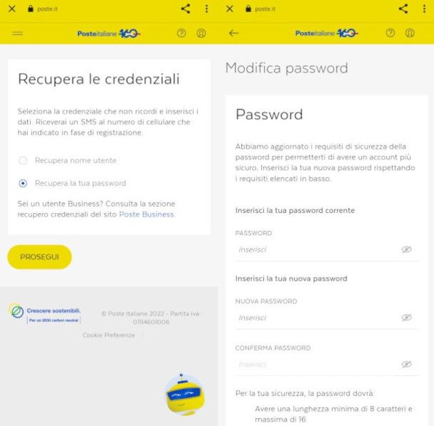 recupero password dimenticata da app BancoPosta